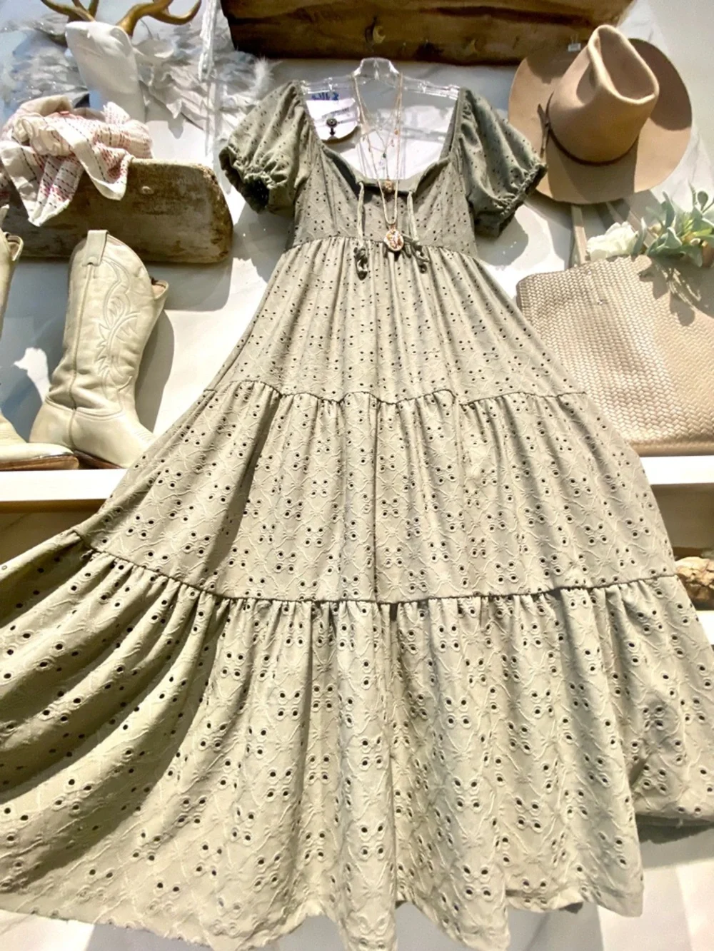 Sage green Farmhouse/prairie boho tiered dress shabby chic Country peasant vibe - Picture 4 of 12